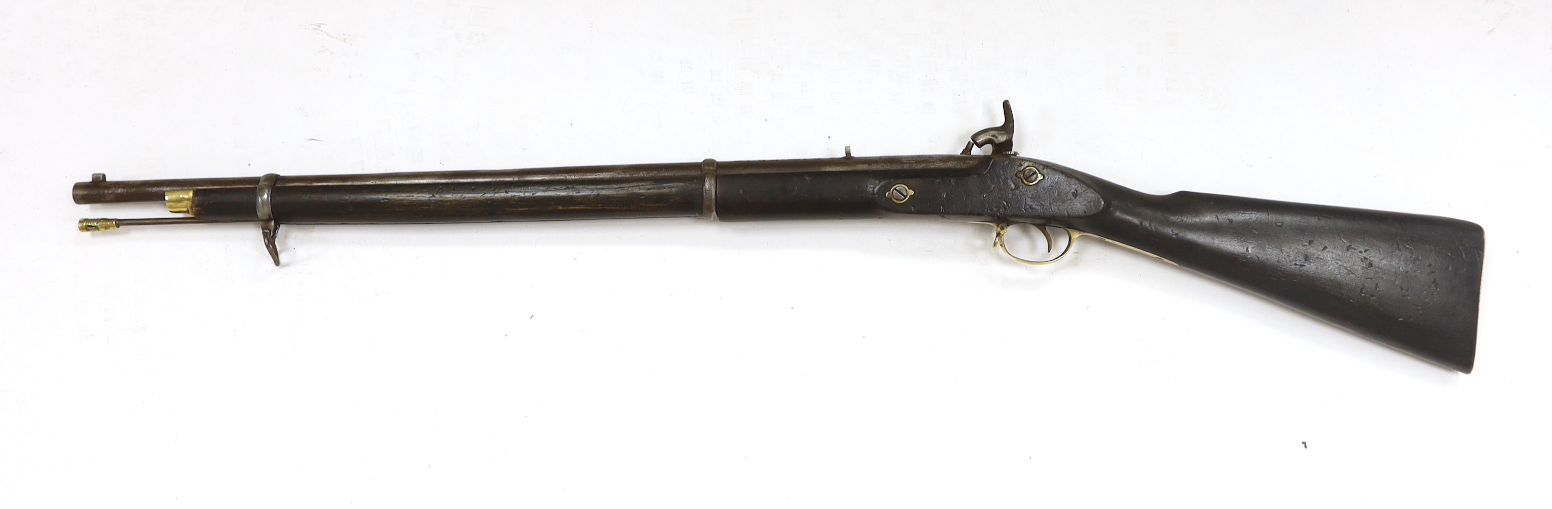 A Victorian percussion cap rifle (Tower Carbine), lock stamped 1859 TOWER and VR cypher, two barrel bands and compartment in stock, barrel 74cm